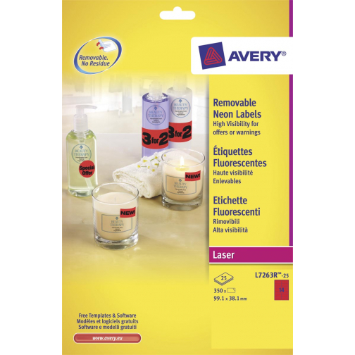 Avery afneembare neon etiketten ft 99,1 x 38,1 mm (b x h), doos van 25 blad, 350 stuks, neonrood