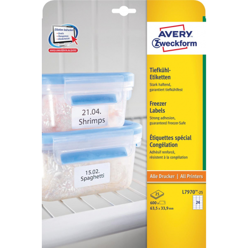 Avery diepvriesetiketten Ft 63,5 x 33,9 mm (b x h), wit, doos van 600 etiketten