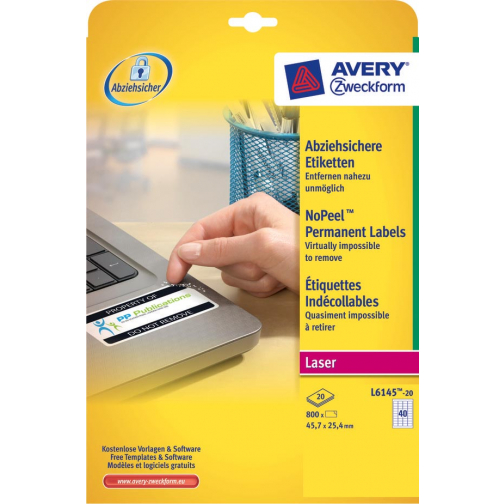 Avery L6145-20 NoPeel etiketten ft 45,7 x 25,4 mm (b x h), 800 etiketten, wit