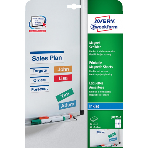 Avery Zweckform J8875-5 magneetetiketten ft 50 x 140 mm (b x h), zonder coating, 40 etiketten, wit