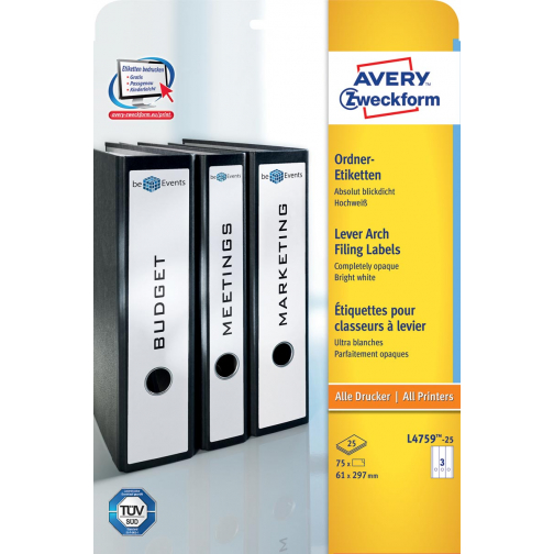 Avery Zweckform L4759-25 ordnerrugetiketten ft 29,7 x 6,1 cm (b x h), 75 etiketten, wit