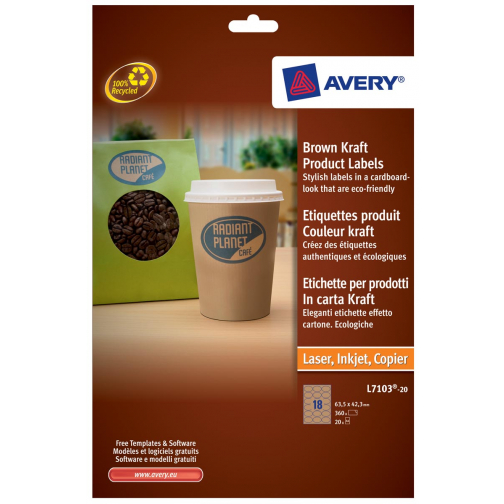 Avery L7103-20 productetiketten ft 63,5 x 42,3 mm (b x h), 360 etiketten, kraft, ovaal