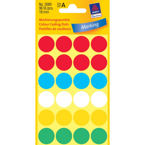 Avery Ronde etiketten diameter 18 mm, geassorteerde kleuren, 96 stuks