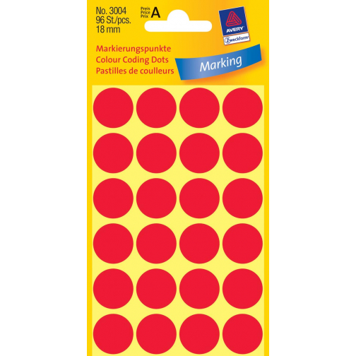 Avery Ronde etiketten diameter 18 mm, rood, 96 stuks