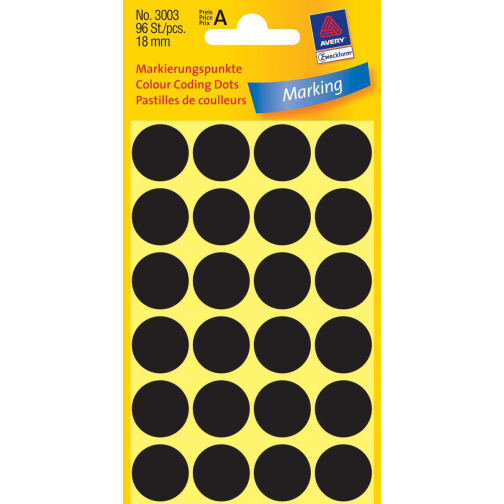 Avery Ronde etiketten diameter 18 mm, zwart, 96 stuks
