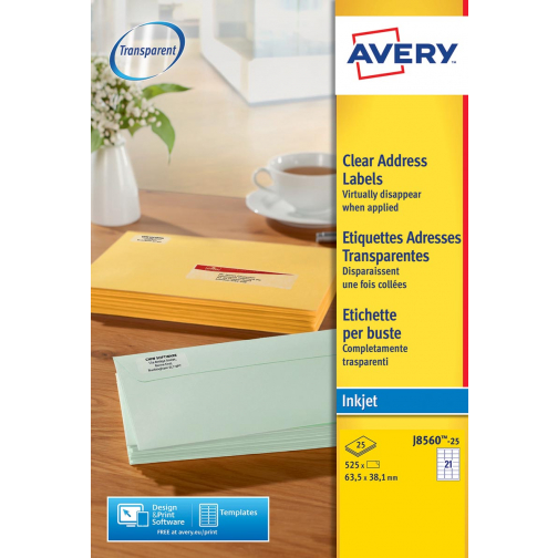 Avery J8560-25 adresetiketten ft 63,5 x 38,1 mm (b x h), 525 etiketten, transparant