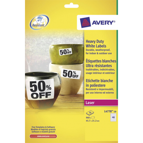 Avery L4778-20 ultra-sterke etiketten ft 45,7 x 21,2 mm (b x h), 960 etiketten, wit