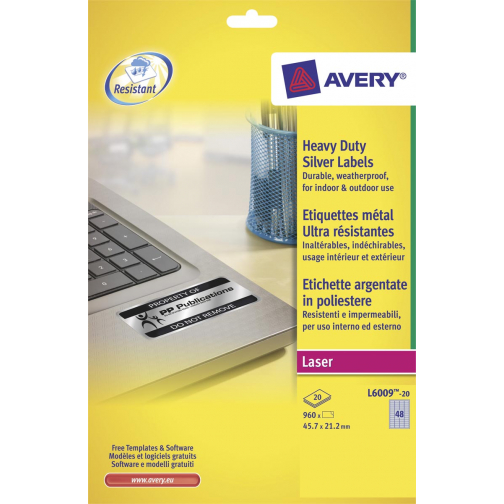 Avery ultra-sterke zilverkleurige etiketten ft 45,7 x 21,2 mm (b x h), 960 stuks, 48 per blad