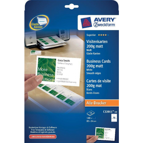 Avery visitekaarten 200 g/m², Ft 85 x 54 mm (10 per blad), doos van 10 blad