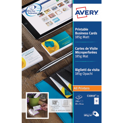 AVERY visitekaarten 185 g/m², 10 per blad, 250 stuks