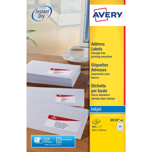 Avery Witte etiketten QuickDry doos van 40 blad, ft 63,5 x 33,9 mm (b x h), 960 stuks, 24 per blad