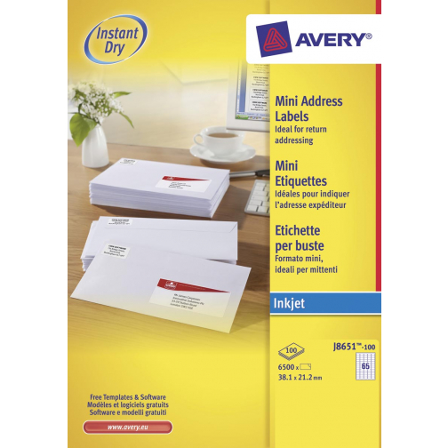 Avery witte etiketten QuickDry ft 38,1 x 21,2 mm (b x h), 6.500 stuks, 65 per blad