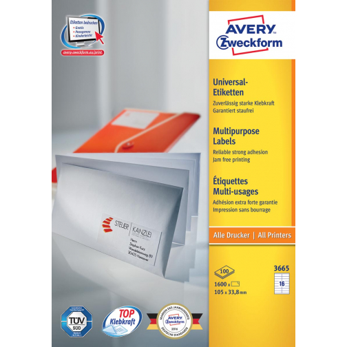 Avery Zweckform 3665, Universele etiketten, Ultragrip, wit, 100 vel, 16 per vel, 105 x 33,8 mm