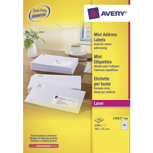 Avery L7651, Verzendetiketten, Laser, Ultragrip, wit, 100 vellen, 65 per vel, 38,1 x 21,2 mm