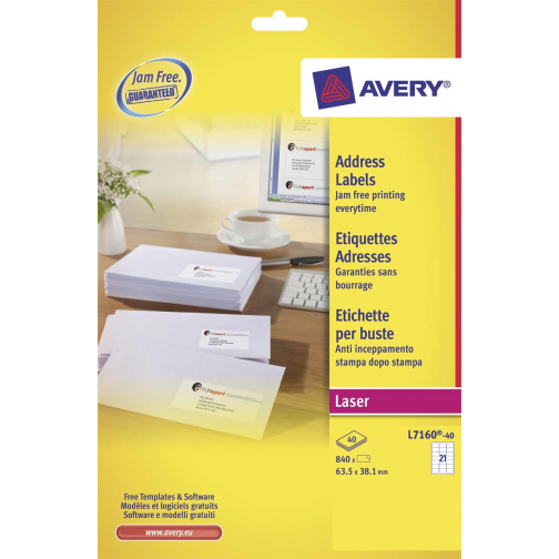 Avery L7160, Adresetiketten, Laser, Ultragrip, wit, 40 vellen, 21 per vel, 63,5 x 38,1 mm