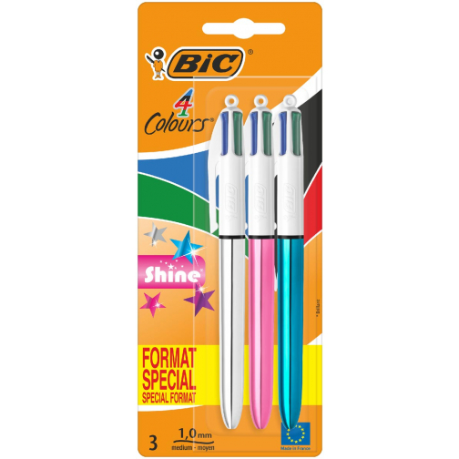 Bic 4 Colours Shine balpen, medium, blister van 3 stuks