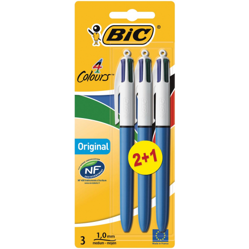 Bic Colours Original 4-kleurenbalpen, medium, klassieke inktkleuren, blauw, op blister 2+1 gratis