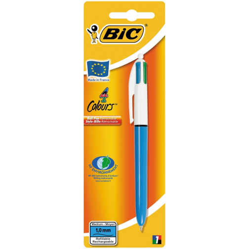 Bic 4 Colours Original 4-kleurenbalpen, medium, klassieke inktkleuren, lichaam blauw, op blister