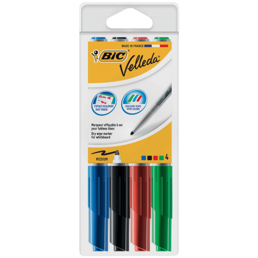 Bic whiteboardmarker Velleda 1741, in geassorteerde kleuren, etui van 4 stuks