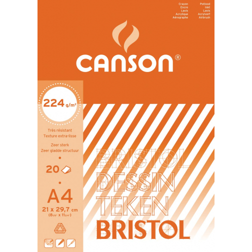 Canson tekenpapier Bristol, 224 g, ft 21 x 29,7 cm, A4, blok van 20 vel