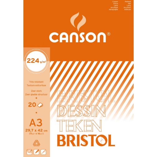 Canson tekenpapier Bristol, 224 g, ft 29,7 x 42 cm, A3, blok van 20 vel