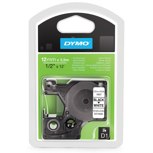 Dymo D1 flexibele nylontape 12 mm, zwart op wit