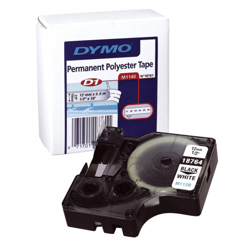 Dymo D1 permanente polyestertape 12 mm, zwart op wit