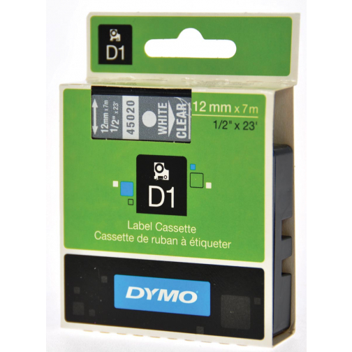 Dymo D1 tape 12 mm, wit op transparant