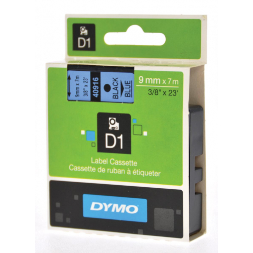 Dymo D1 tape 9 mm, zwart op blauw