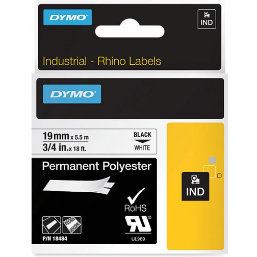 Dymo RHINO permanente polyester tape 19 mm, zwart op wit