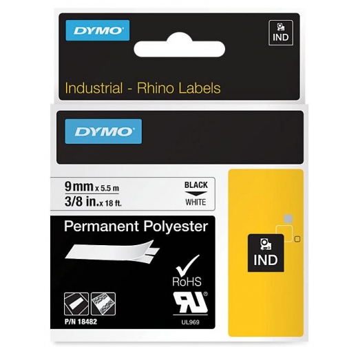 Dymo RHINO permanente polyester tape 9 mm, zwart op wit