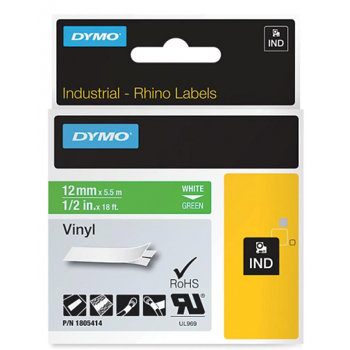 Dymo RHINO vinyltape 12 mm, wit op groen