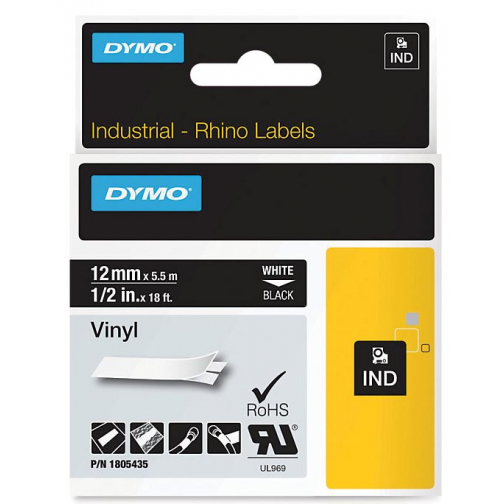 Dymo RHINO vinyltape 12 mm, wit op zwart