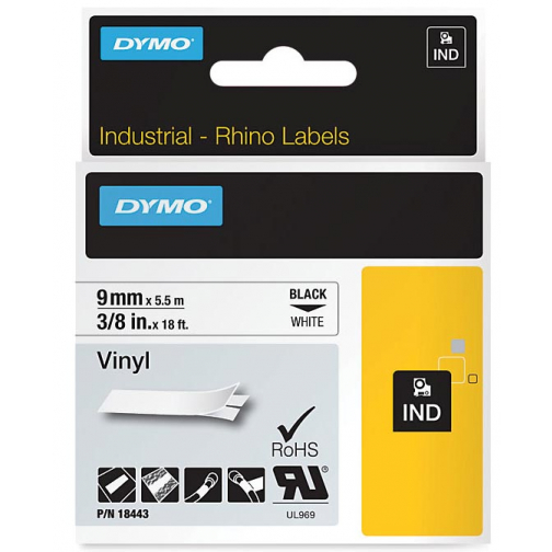 Dymo RHINO vinyltape 9 mm, zwart op wit