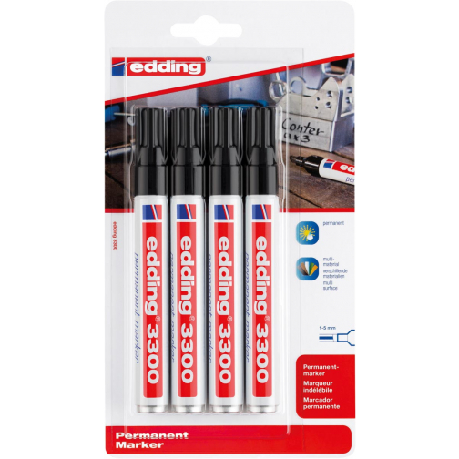 Edding permanent marker 3300 blister met 4 stuks, zwart