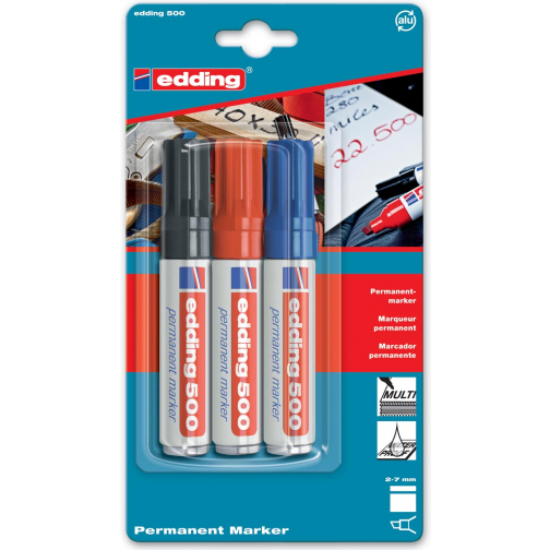 Edding permanente marker e-500 geassorteerde kleuren, blister van 3 stuks