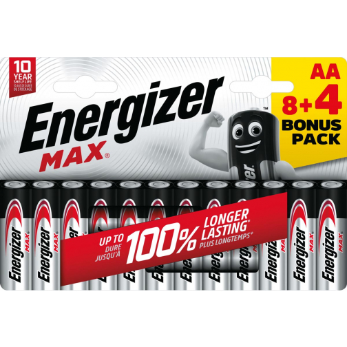 Energizer batterijen Max AA, blister van 8 stuks + 4 stuks gratis