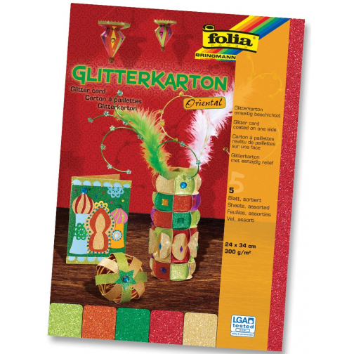 Folia Glitterkarton Oriental (geel, oranje, rood, helgroen en donkergroen)