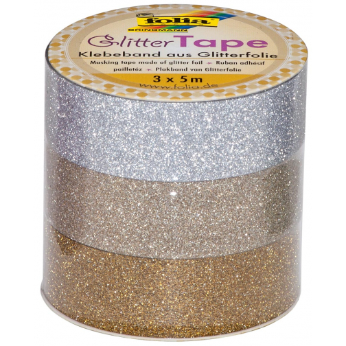 Folia glittertape zilver en goud rolletje met 3 stuks