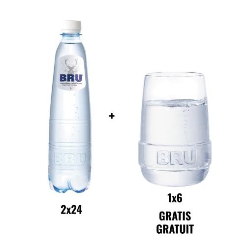 ACTIE BRU: 2 x Bru lichtsprankelend water, 50 cl, pak van 24 stuks + 1 x Bru glazen, 6 stuks
