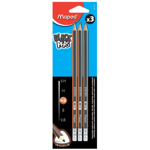 Maped potlood Black'Peps HB, met gum, kartonnen ophangetui met 3 stuks