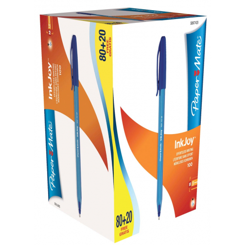 Paper Mate balpen InkJoy 100 met dop, blauw, doos 80 + 20 gratis