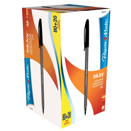 Paper Mate balpen InkJoy 100 met dop, zwart, doos 80 + 20 gratis