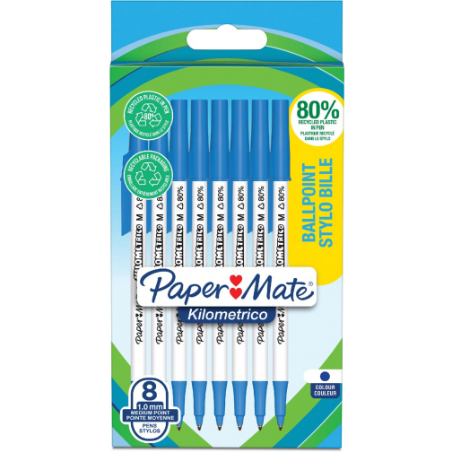 Paper Mate balpen Kilometrico, medium, blister van 8 stuks, blauw