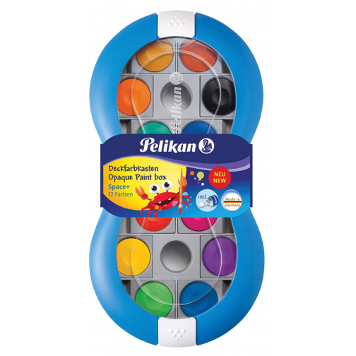 Pelikan verfdoos Space, 12 napjes in geassorteerde kleuren + tube wit, blauw