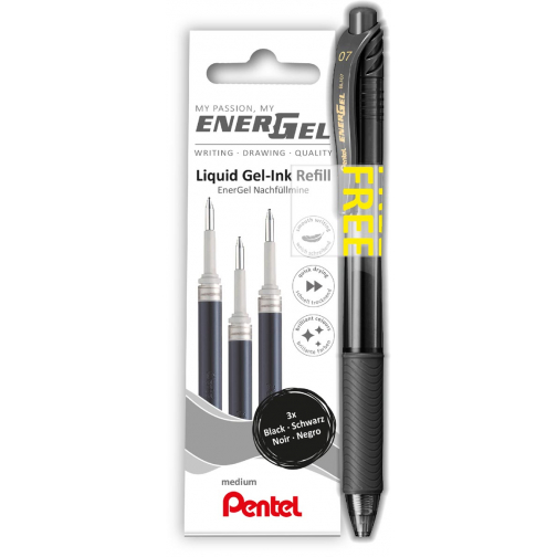 Pentel vulling Energel, 0,7 mm, zwart, 3 stuks + roller (GRATIS)