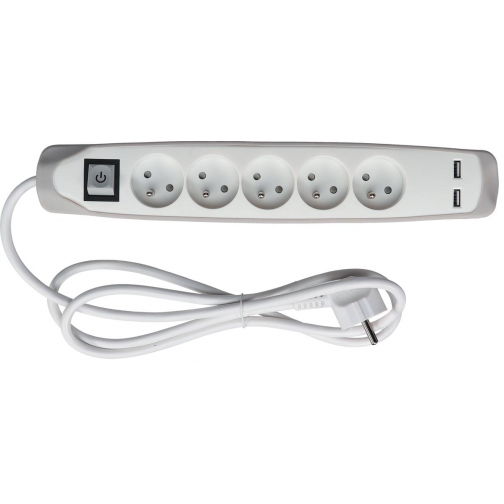 Perel contactdoos met 5 stopcontacten, 2 USB en schakelaar, 1,5 m, wit/grijs, voor NL