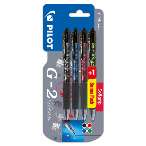 Pilot gelroller G-2 medium, blister van 4 stuks (3 + 1 GRATIS) in geassorteerde kleuren