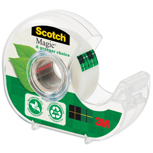 Plakband Magic Tape A greener choice, ft 19 mm, 20 m, op dispenser van 100 % gerecycleerd plastic