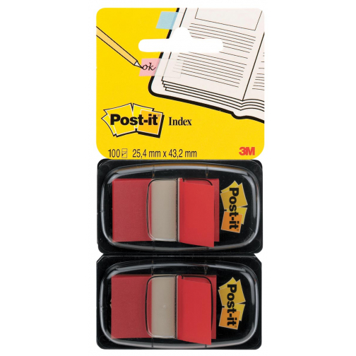 Post-it index standaard, ft 24,4 x 43,2 mm, houder met 2 x 50 tabs, rood